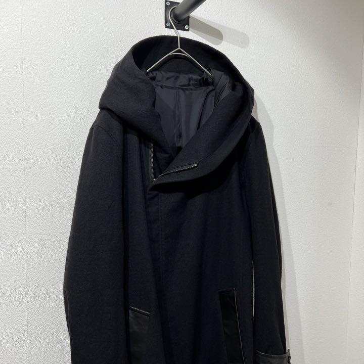 希少 イサムカタヤマ バックラッシュ レザー 上質 ウール フーデットコート